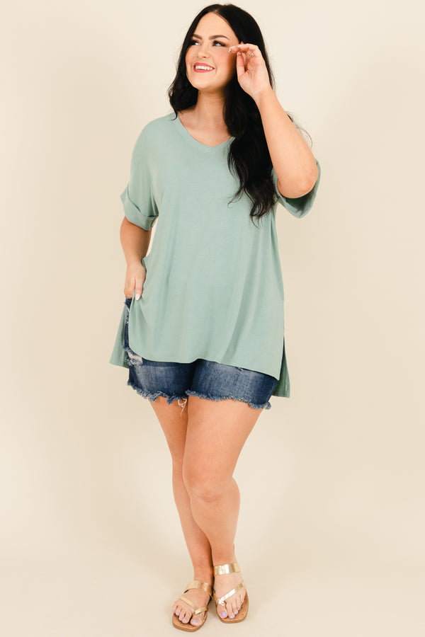 Chic Soul plus size clothing, light green short sleeves top with side slit and pre cuffed sleeves