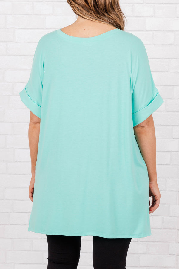 Chic Soul plus size clothing, mint short sleeves top with pre cuffed sleeves and a v neck