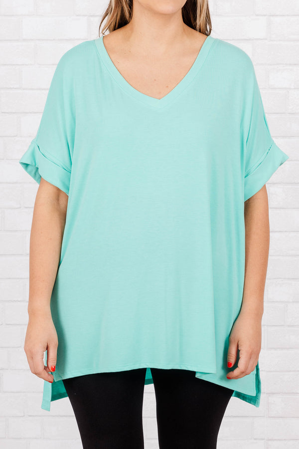 Chic Soul plus size clothing, mint short sleeves top with pre cuffed sleeves and a v neck