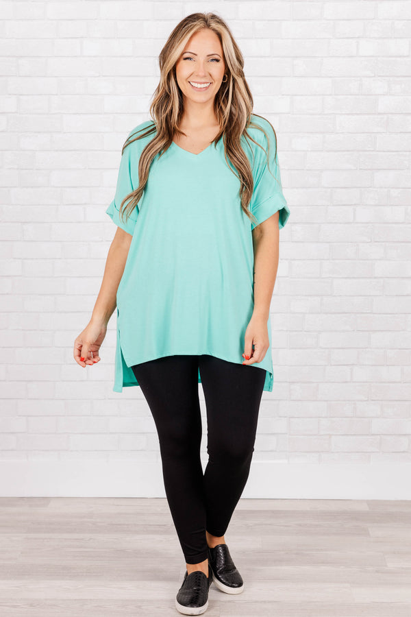 Chic Soul plus size clothing, mint short sleeves top with pre cuffed sleeves and a v neck