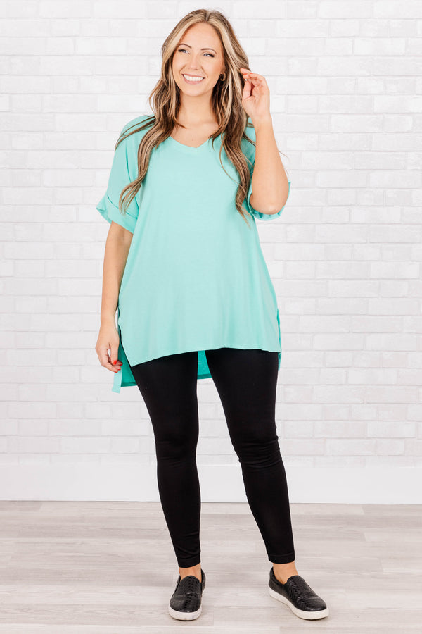 Chic Soul plus size clothing, mint short sleeves top with pre cuffed sleeves and a v neck