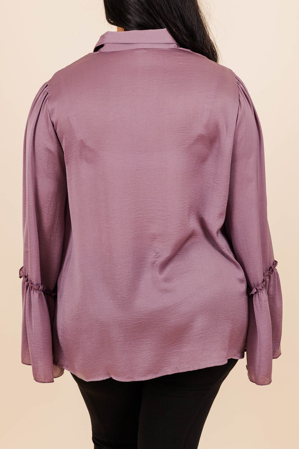 Chic Soul plus size clothing, mauve purple silky blouse with tie at neckline and flowy sleeves