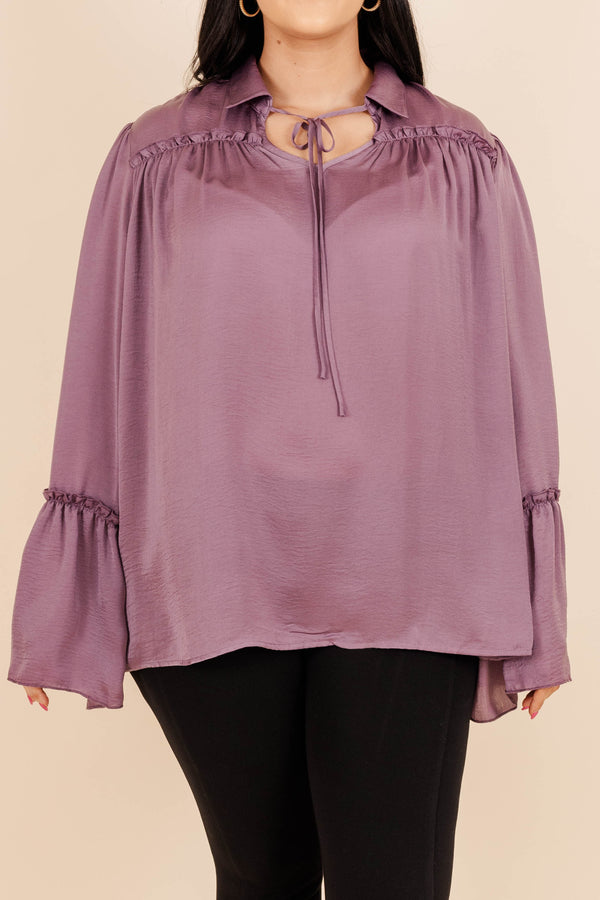 Chic Soul plus size clothing, mauve purple silky blouse with tie at neckline and flowy sleeves