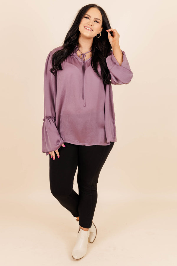 Chic Soul plus size clothing, mauve purple silky blouse with tie at neckline and flowy sleeves
