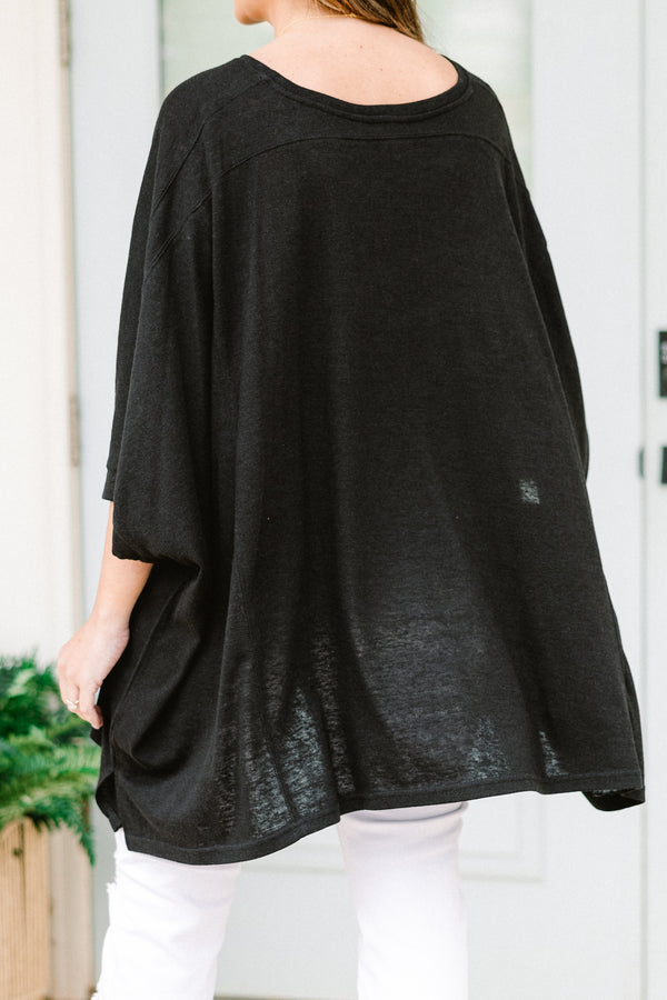 Chic Soul plus size clothing, half-sleeve black solid flowy tunic with a high-low hemline and a high-scoop-neckline