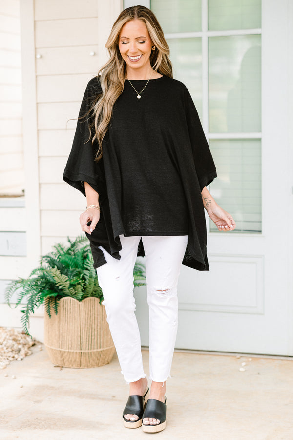 Chic Soul plus size clothing, half-sleeve black solid flowy tunic with a high-low hemline and a high-scoop-neckline