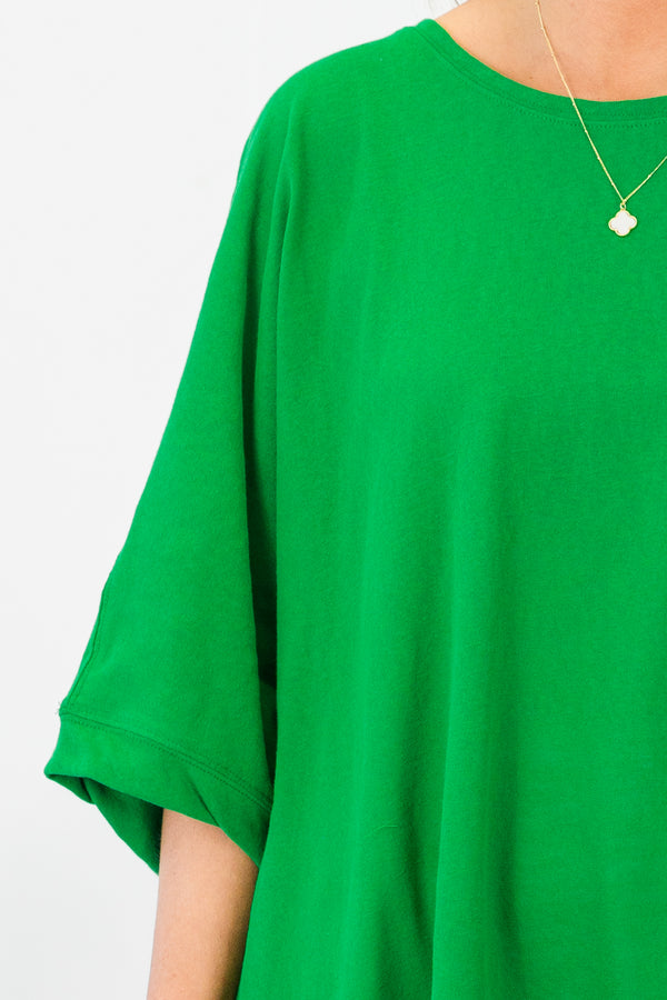 Chic Soul plus size clothing, kelly green short sleeve flowy plain top with round neckline with slits on sides