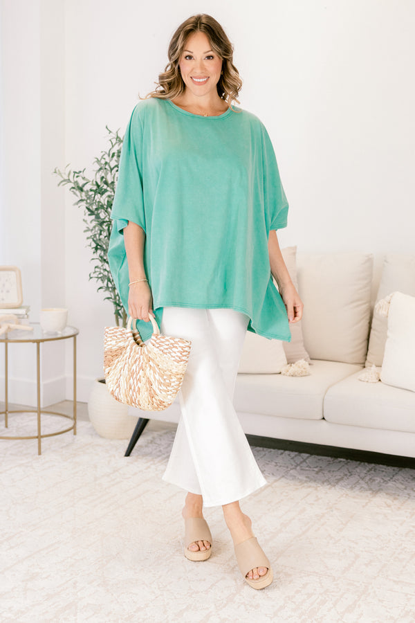 Chic Soul plus size clothing, turquoise flowy tunic with a high neck and short sleeves 
