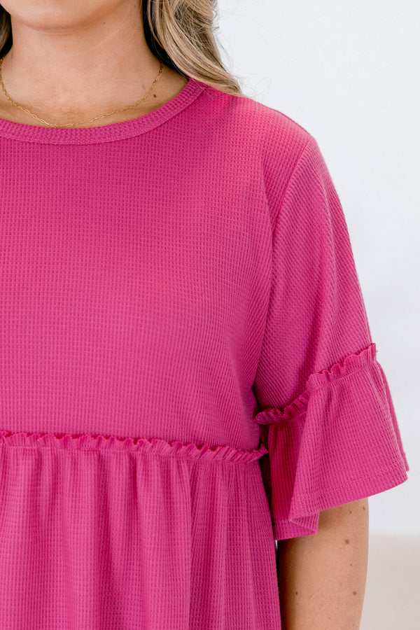 Chic Soul plus size clothing, berry pink short sleeve ruffle peplum top