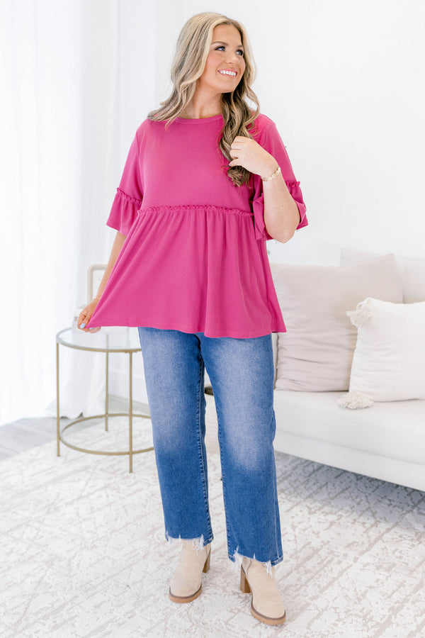 Chic Soul plus size clothing, berry pink short sleeve ruffle peplum top