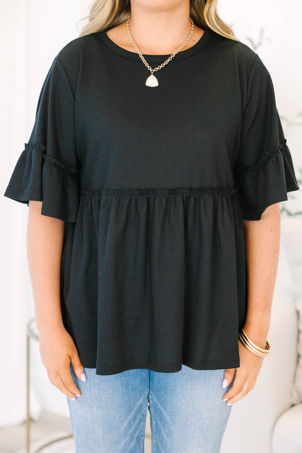 Chic Soul plus size clothing, short-sleeve black ruffled baby doll tunic with a high-scoop-neckline 
