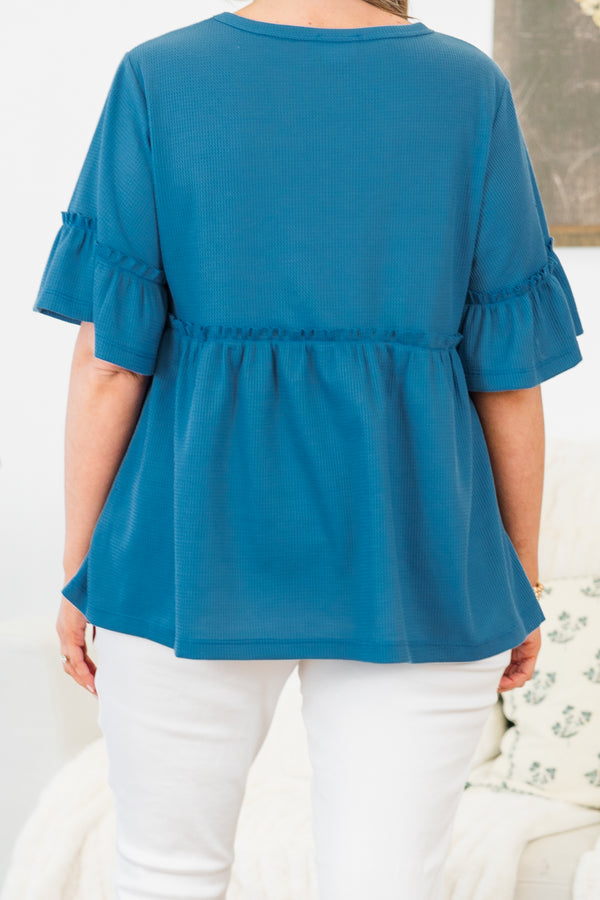 Chic Soul plus size clothing, blue short sleeve babydoll top with ruffle detail along sleeves and bottom with round neckline