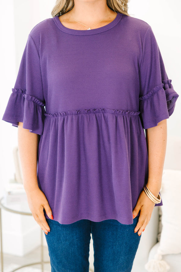 Chic Soul plus size clothing, eggplant purple short sleeve babydoll tunic with ruffle sleeve
