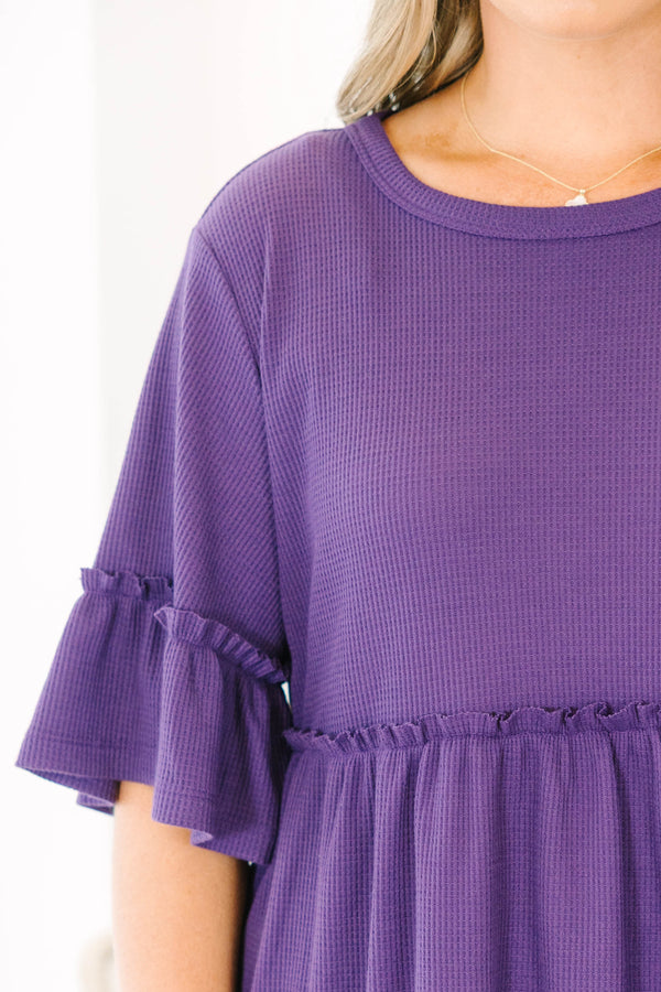 Chic Soul plus size clothing, eggplant purple short sleeve babydoll tunic with ruffle sleeve