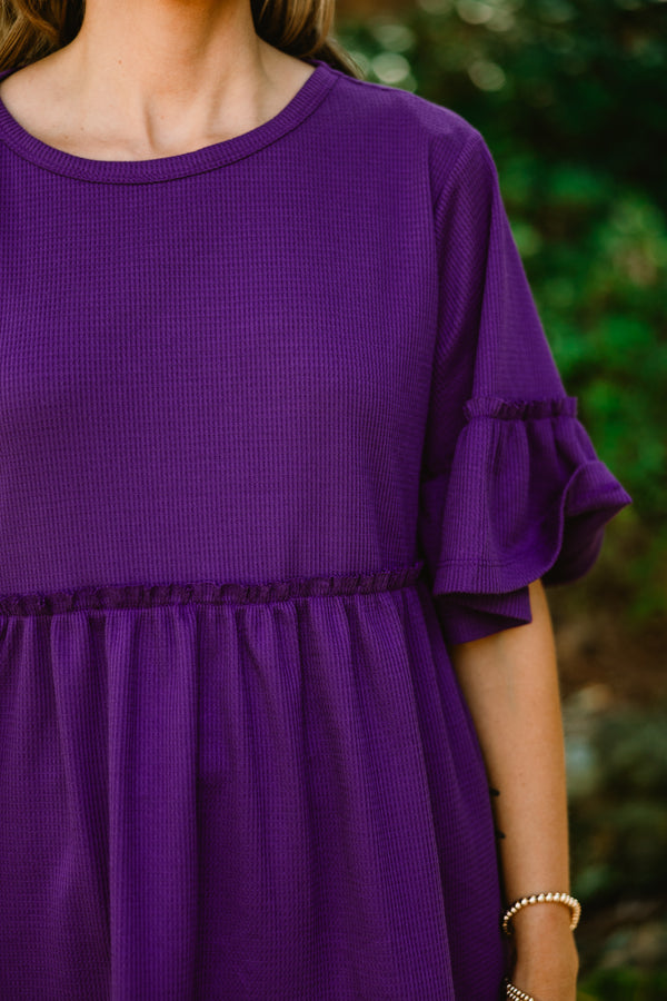 Chic Soul plus size clothing, eggplant purple short sleeve babydoll tunic with ruffle sleeve