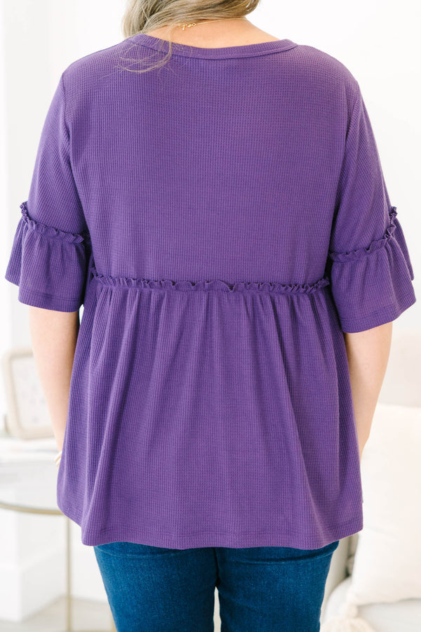 Chic Soul plus size clothing, eggplant purple short sleeve babydoll tunic with ruffle sleeve