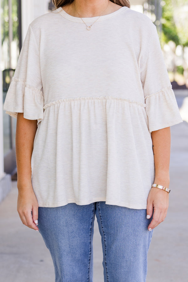 Chic Soul plus size clothing, short sleeve oatmeal babydoll top with round neckline and ruffle detail on sleeves with ruffle detail on bottom of top