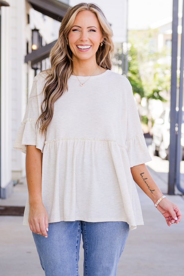 Chic Soul plus size clothing, short sleeve oatmeal babydoll top with round neckline and ruffle detail on sleeves with ruffle detail on bottom of top