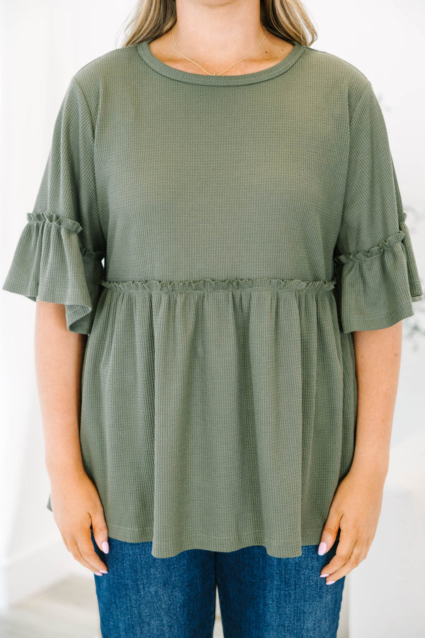 Chic Soul plus size clothing, Olive baby doll top that has short sleeves and small ruffling across the chest and on top of the sleeves 