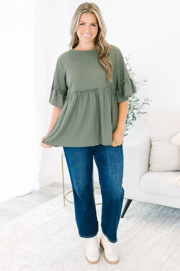 Chic Soul plus size clothing, Olive baby doll top that has short sleeves and small ruffling across the chest and on top of the sleeves 