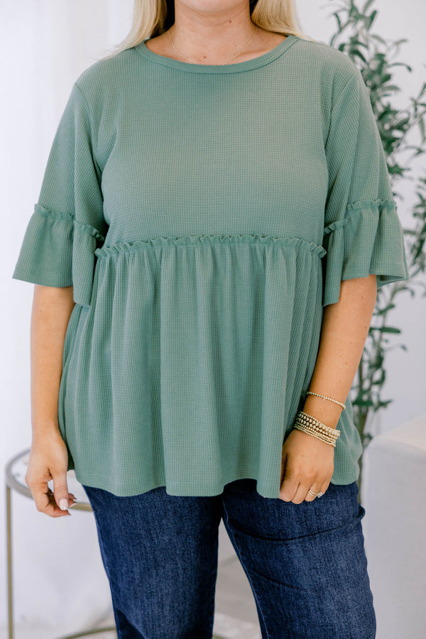 Chic Soul plus size clothing, sage short sleeve tunic with ruffle details under the chest area and half way down the sleeves 