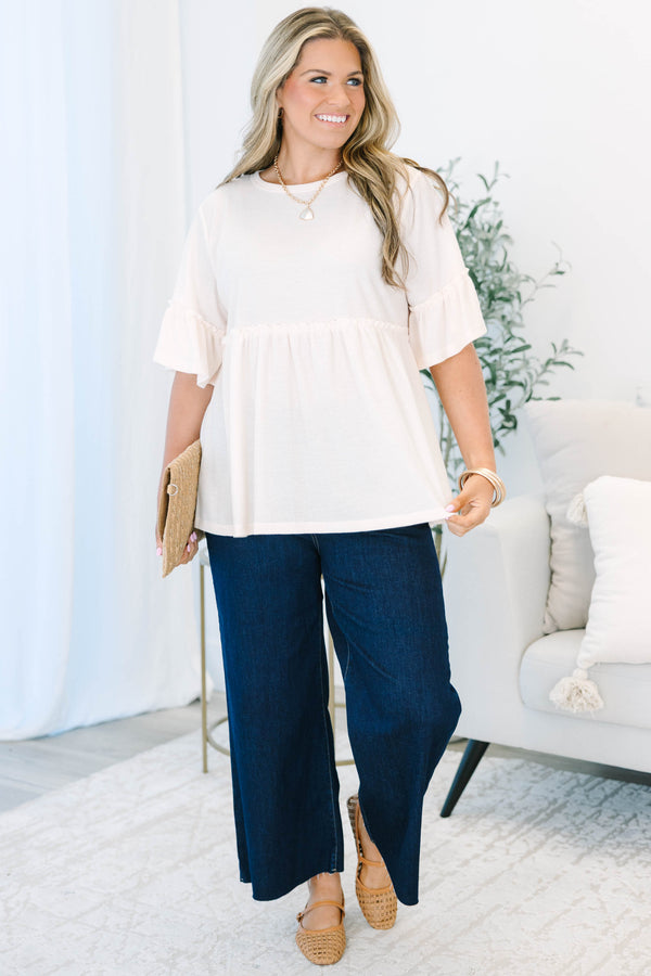 Plus Size taupe waffle knit babydoll tunic with ruffled bell sleeves.