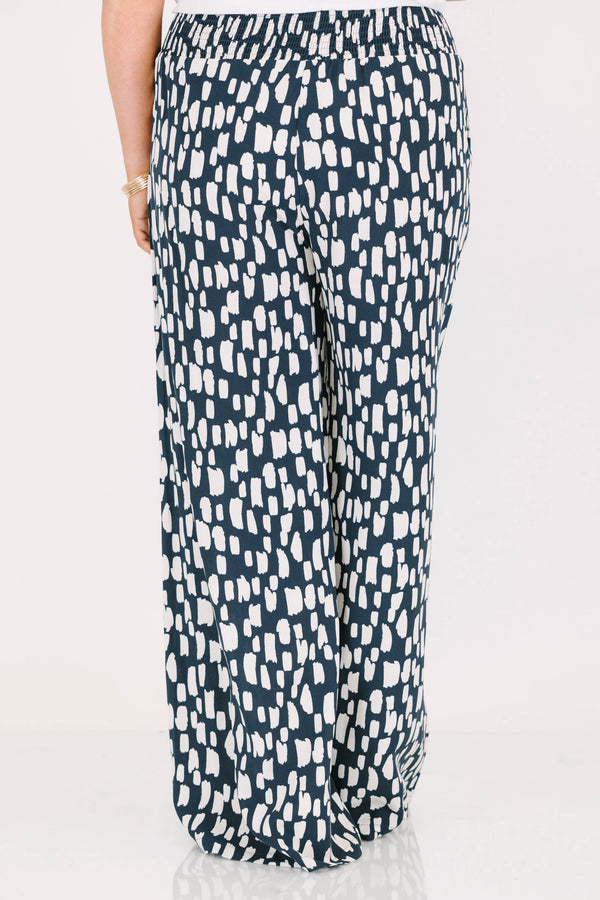 Chic Soul plus size clothing, flowy pants with smocked waist and navy and white pattern