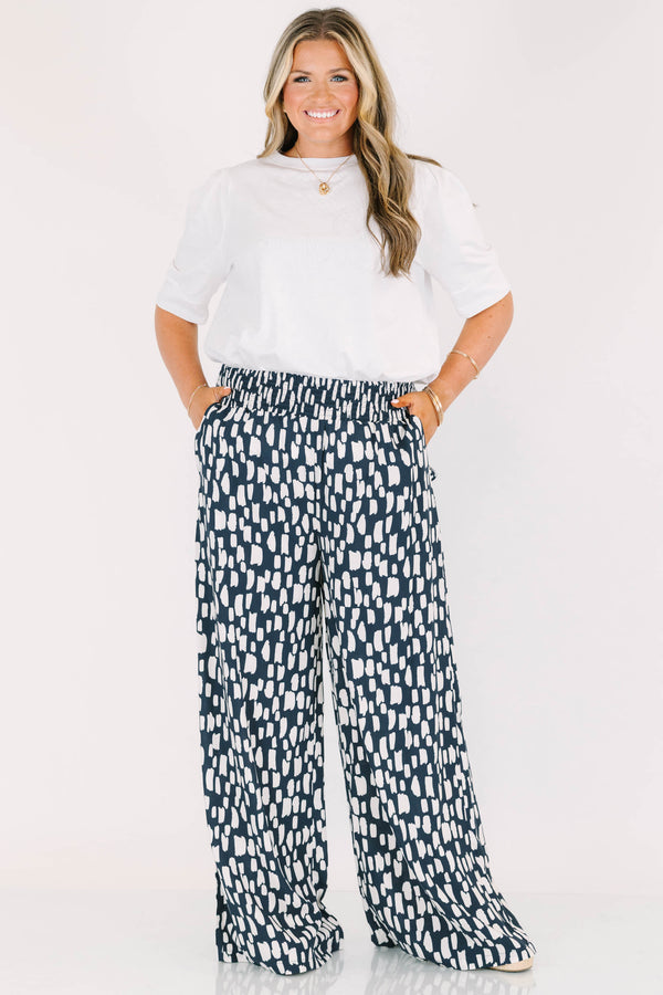 Chic Soul plus size clothing, flowy pants with smocked waist and navy and white pattern