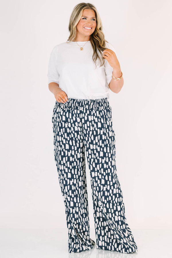 Chic Soul plus size clothing, flowy pants with smocked waist and navy and white pattern