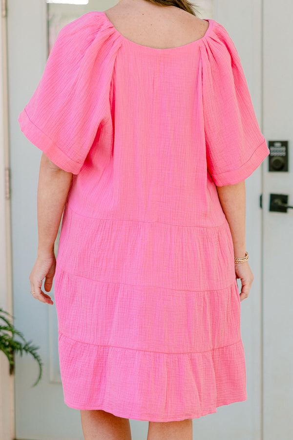 Chic Soul plus size clothing, short-sleeve ruffled oversized baby doll pink dress with a deep-v-neckline 