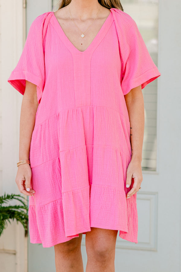 Chic Soul plus size clothing, short-sleeve ruffled oversized baby doll pink dress with a deep-v-neckline 