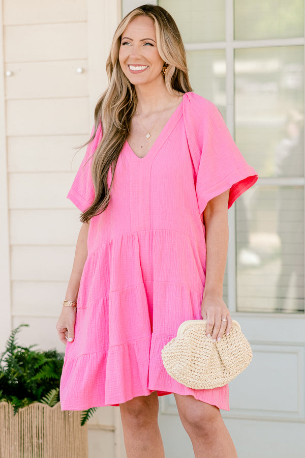 Chic Soul plus size clothing, short-sleeve ruffled oversized baby doll pink dress with a deep-v-neckline 
