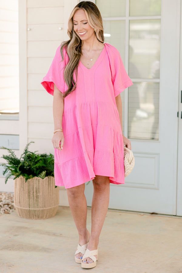 Chic Soul plus size clothing, short-sleeve ruffled oversized baby doll pink dress with a deep-v-neckline 