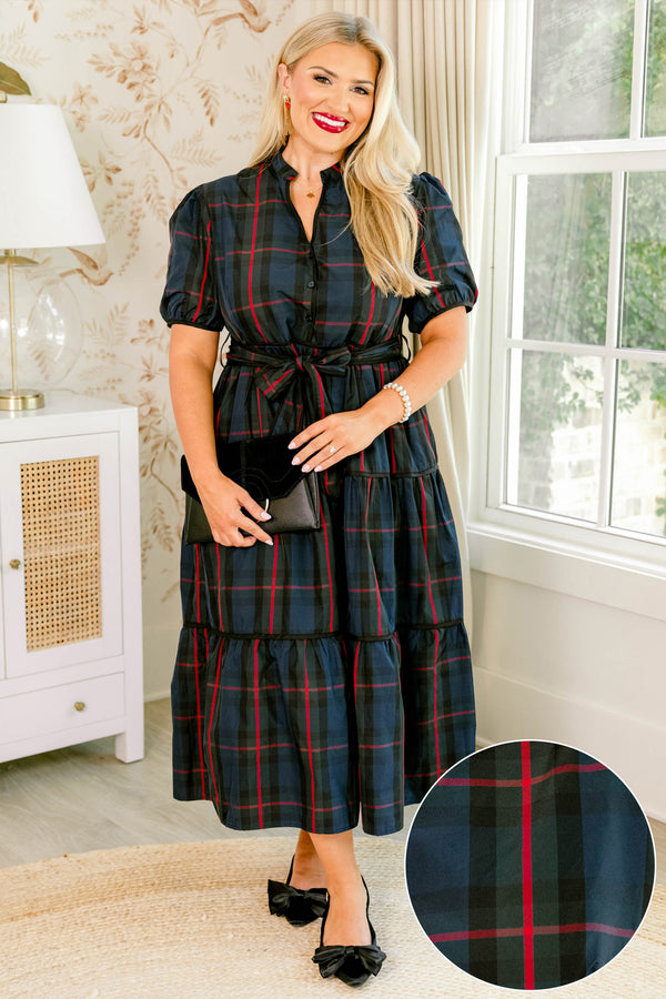 Chic Soul plus size clothing, navy red and green tartan plaid short puff sleeve tiered maxi dress with tie belt