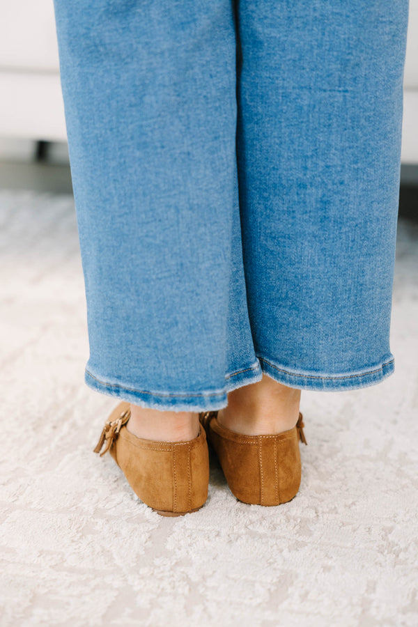 Plus Size camel faux suede pointed-toe flats with double grommet straps and buckle details.