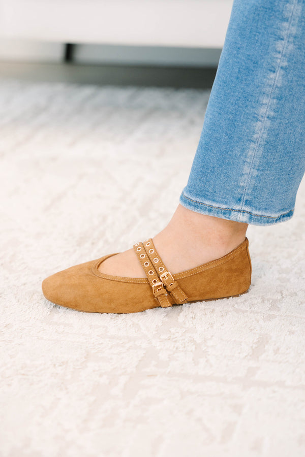 Plus Size camel faux suede pointed-toe flats with double grommet straps and buckle details.
