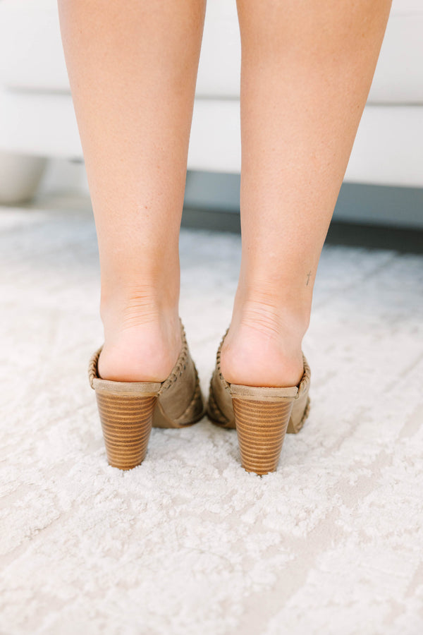 Corky's Blame It Mules in tan suede with a pointed toe, block heel, and studded whipstitch detail.