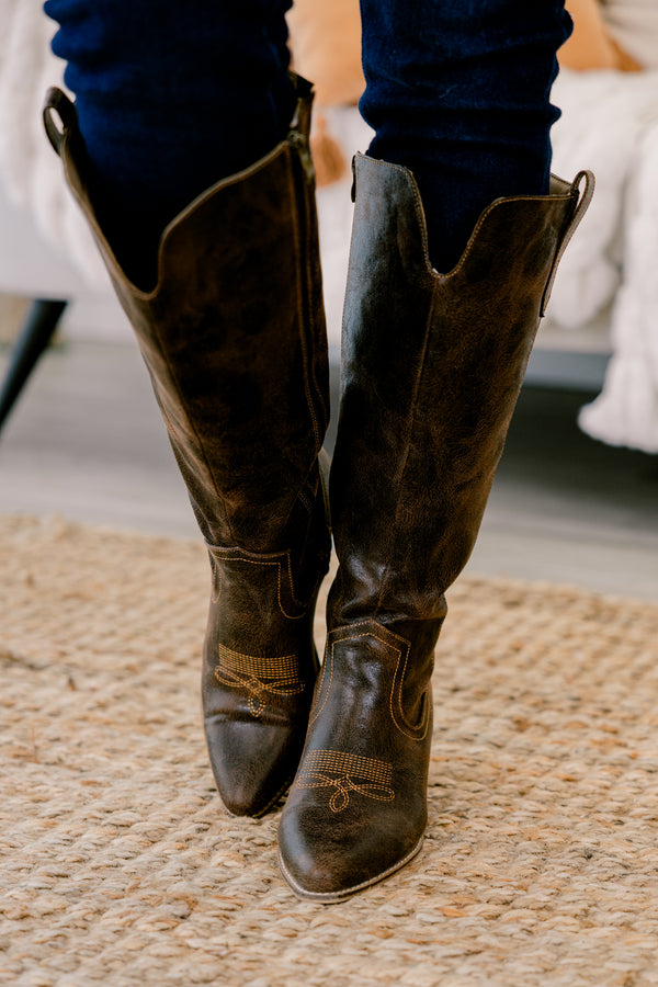 Chic Soul plus size clothing, dark brown knee high pointed toe cowboy boots