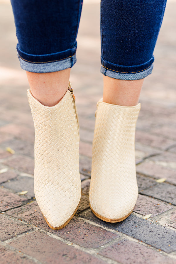 Chic Soul plus size clothing, light gold woven ankle boots with a brown heel and a zipper on the side 