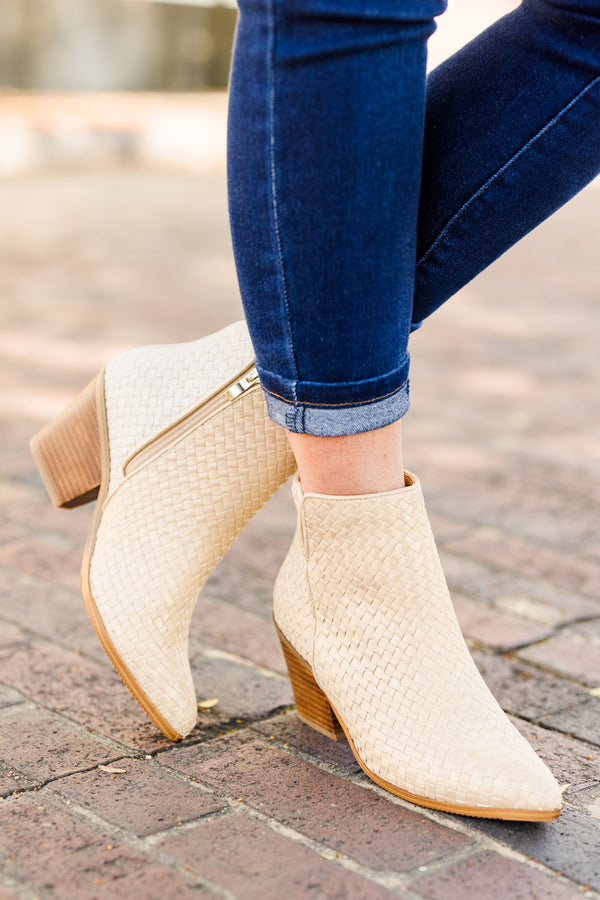 Chic Soul plus size clothing, light gold woven ankle boots with a brown heel and a zipper on the side 