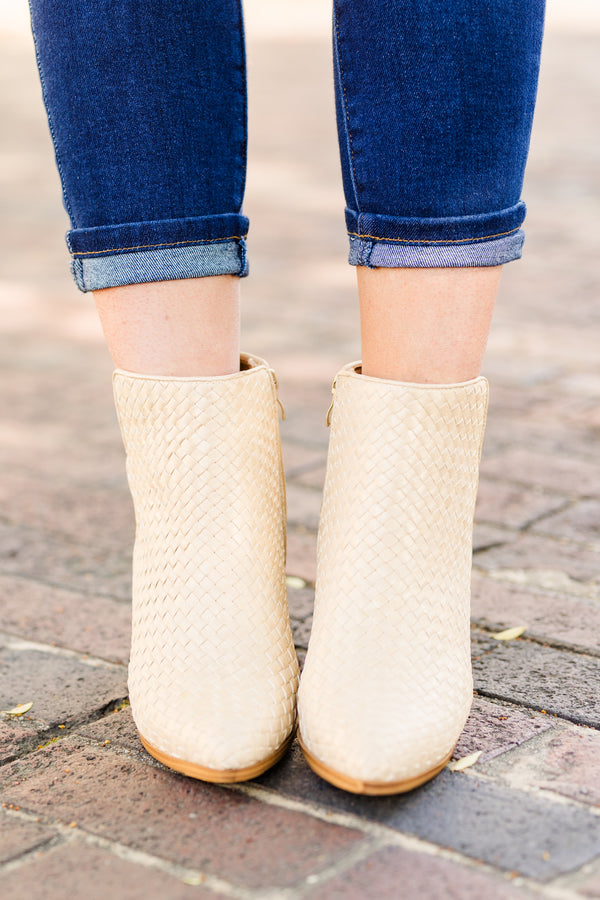 Chic Soul plus size clothing, light gold woven ankle boots with a brown heel and a zipper on the side 