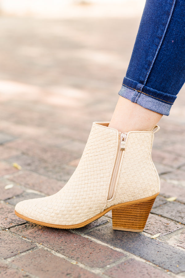 Chic Soul plus size clothing, light gold woven ankle boots with a brown heel and a zipper on the side 