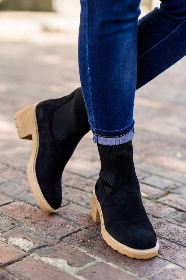 Chic Soul plus size clothing, black slim-fitting chelsea ankle boots with brown heel detailing 