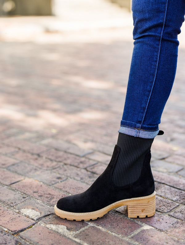 Chic Soul plus size clothing, black slim-fitting chelsea ankle boots with brown heel detailing 