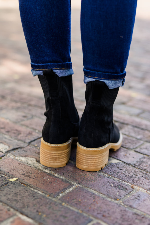 Chic Soul plus size clothing, black slim-fitting chelsea ankle boots with brown heel detailing 