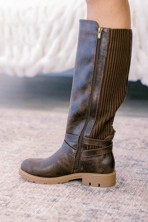 Chic Soul plus size clothing, dark brown round toe tall riding style boots with 2 straps and buckles across the ankle