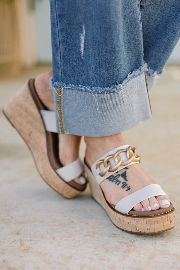 Chic Soul plus size clothing, ivory strapped wedge sandals with a thick gold buckle