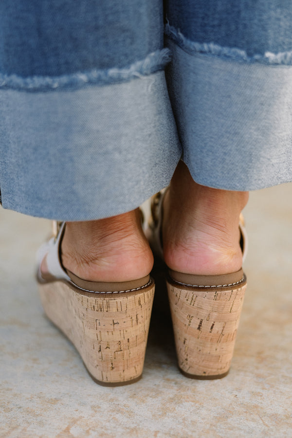 Chic Soul plus size clothing, ivory strapped wedge sandals with a thick gold buckle
