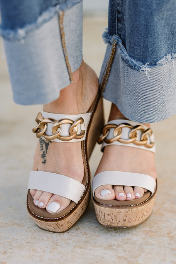 Chic Soul plus size clothing, ivory strapped wedge sandals with a thick gold buckle