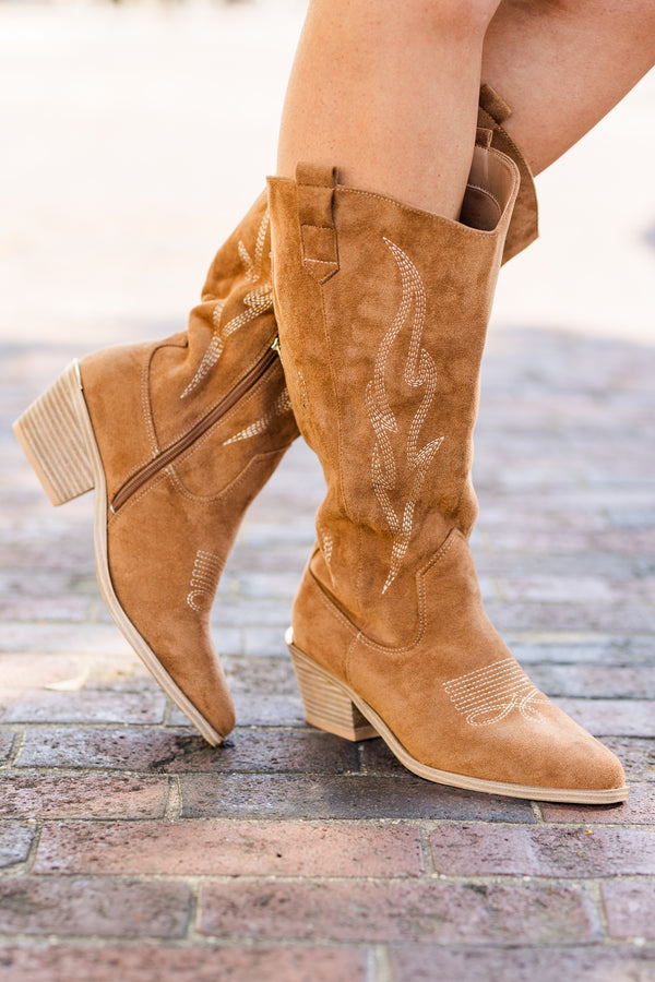 Chic Soul plus size clothing, tobacco tan suede calf height cowboy boots with pointed toe and white stitching with wood block heel with zipper on the side